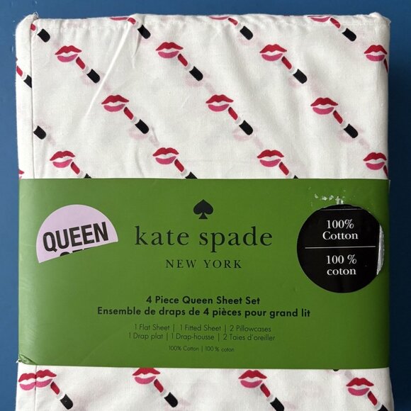 NEW Kate Spade Red Lipstick Queen Size Sheet Set 100% Crisp Cool Cotton - Picture 1 of 3